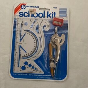 Sterling School Kit 7 in 1 Protractor Metal‎ Compass Sharpener New Vintage NOS